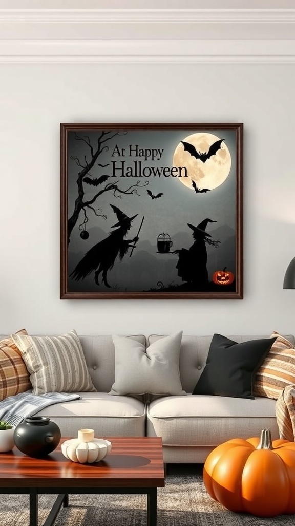 Halloween wall art featuring witches, bats, and a full moon