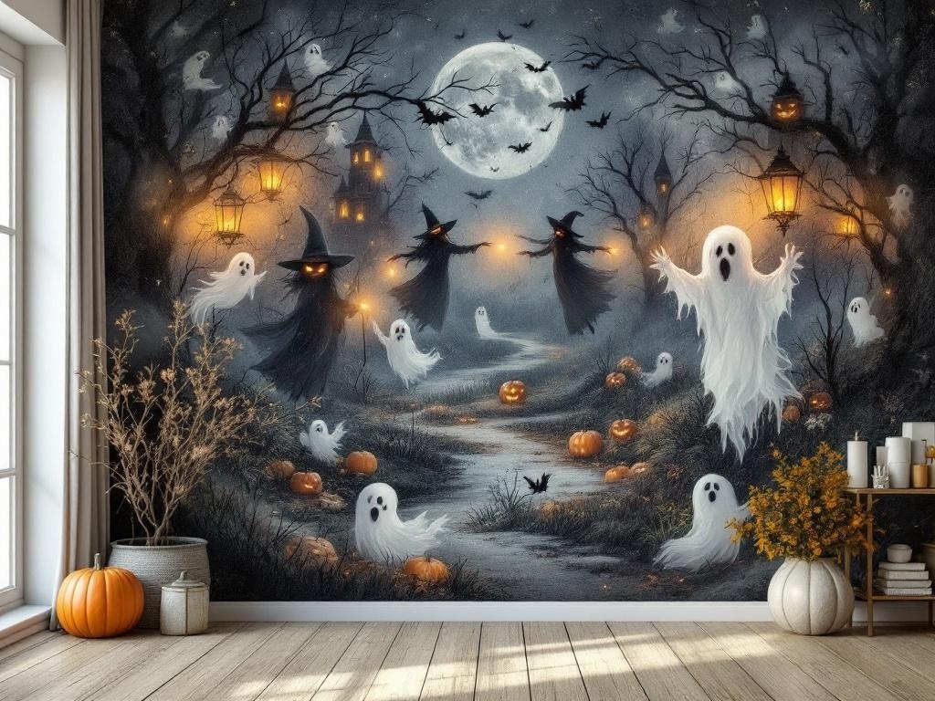 A spooky Halloween wall art featuring ghosts, witches, pumpkins, and a full moon.