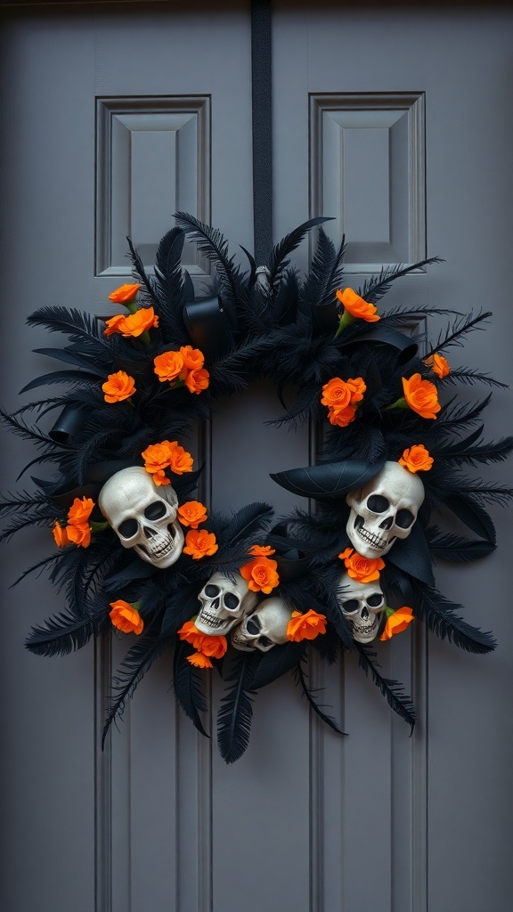 A Halloween wreath featuring skulls and orange roses on a dark door.