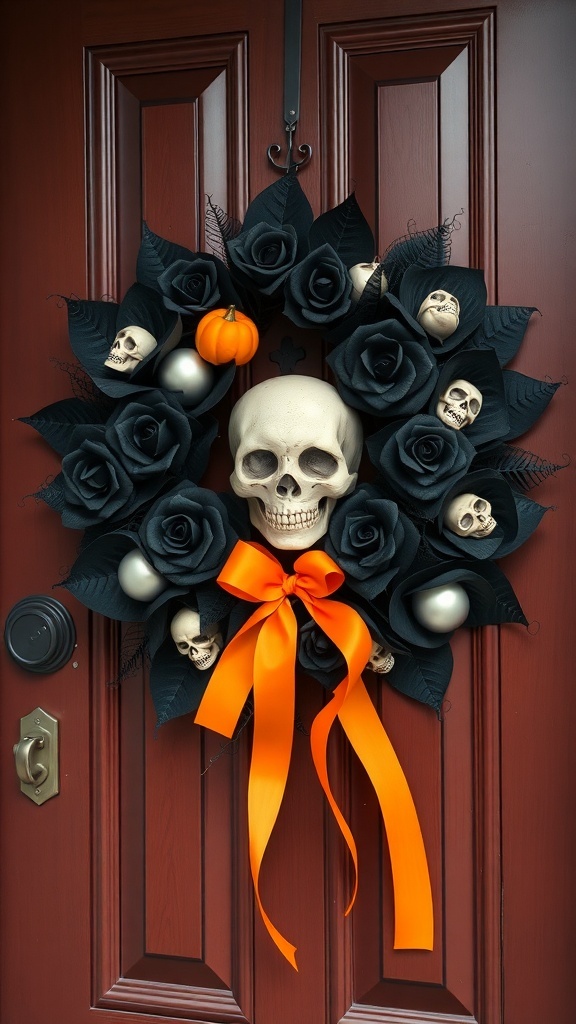 A Halloween wreath featuring black roses, skulls, a pumpkin, and an orange bow on a wooden door.