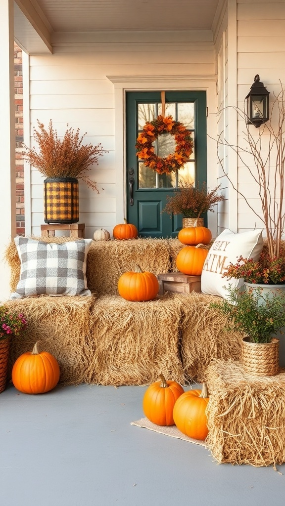 A cozy fall front porch decorated with hay bales, pumpkins, and seasonal plants.