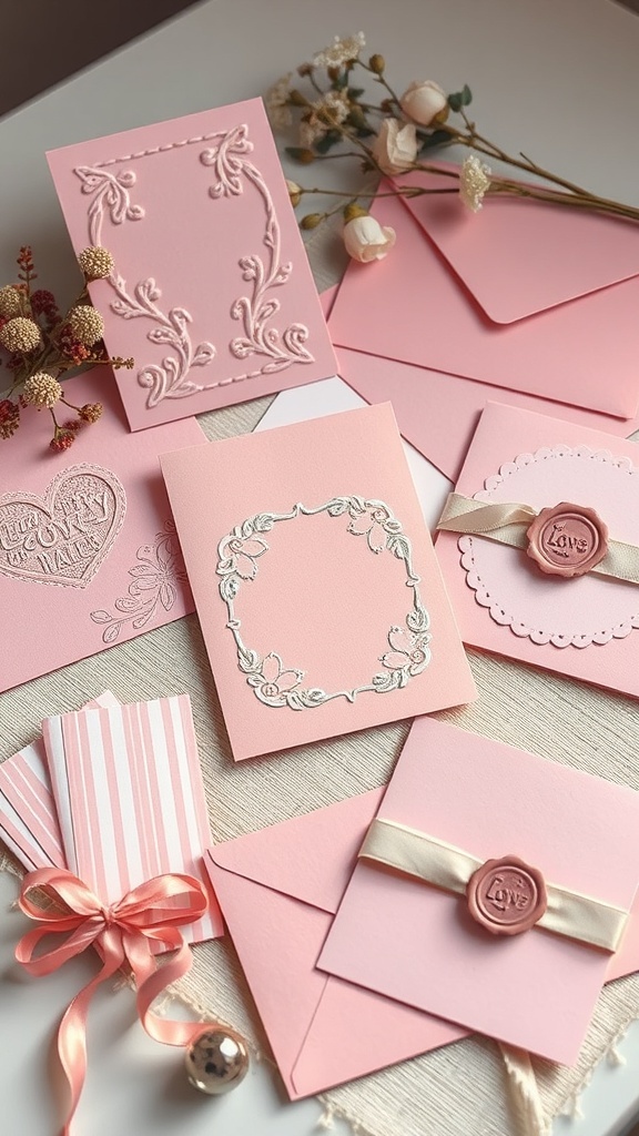 A collection of pink greeting cards with heartfelt messages and decorative elements.
