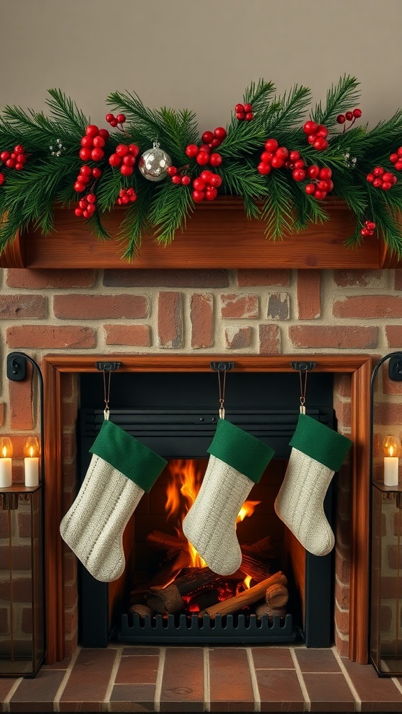 A beautifully decorated garland with red berries and ornaments above a fireplace with stockings.