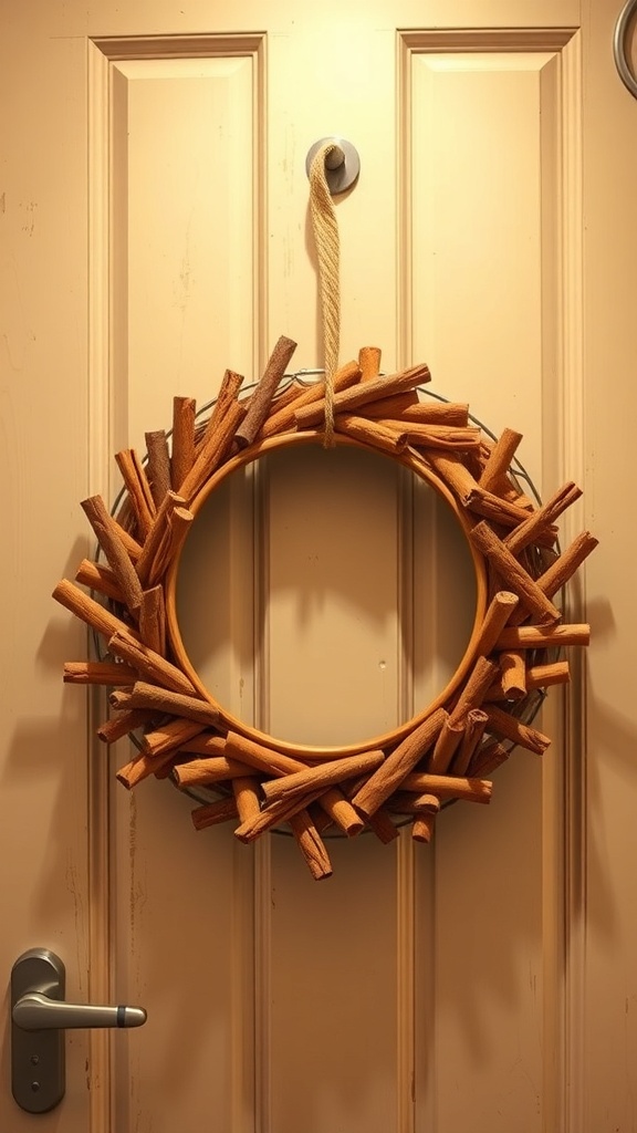 A cinnamon stick wreath hanging on a door.
