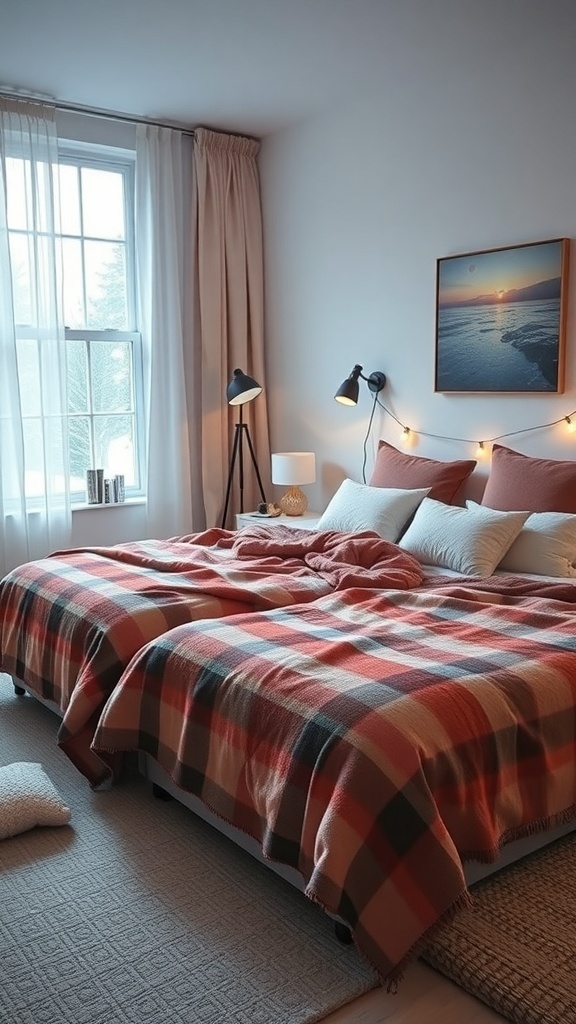 A cozy winter bedroom with two beds, warm blankets, and soft lighting.