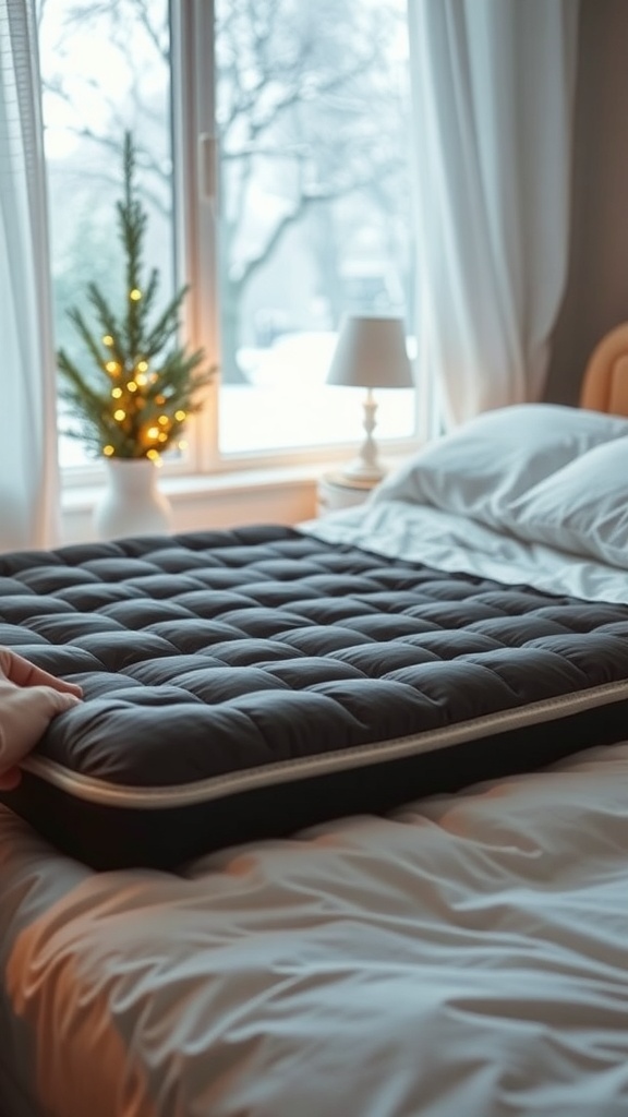 A heated mattress pad being placed on a bed with a cozy winter setting.