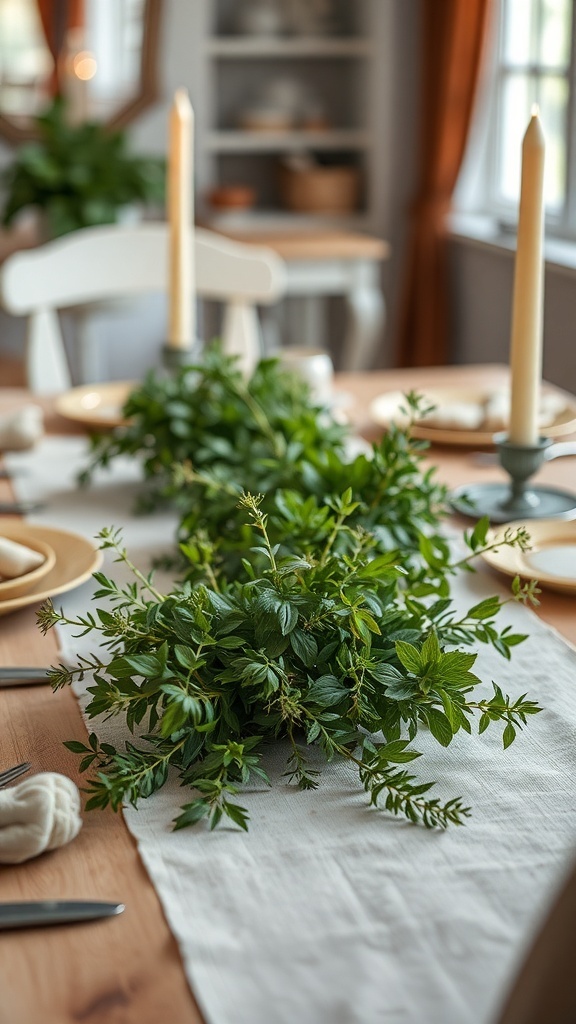 A Thanksgiving table setting featuring fresh herb sprigs as the centerpiece, with candles and a linen runner.