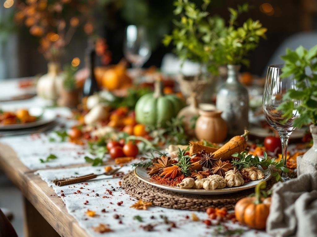 A beautifully arranged Thanksgiving table featuring herbs, spices, and seasonal decorations.