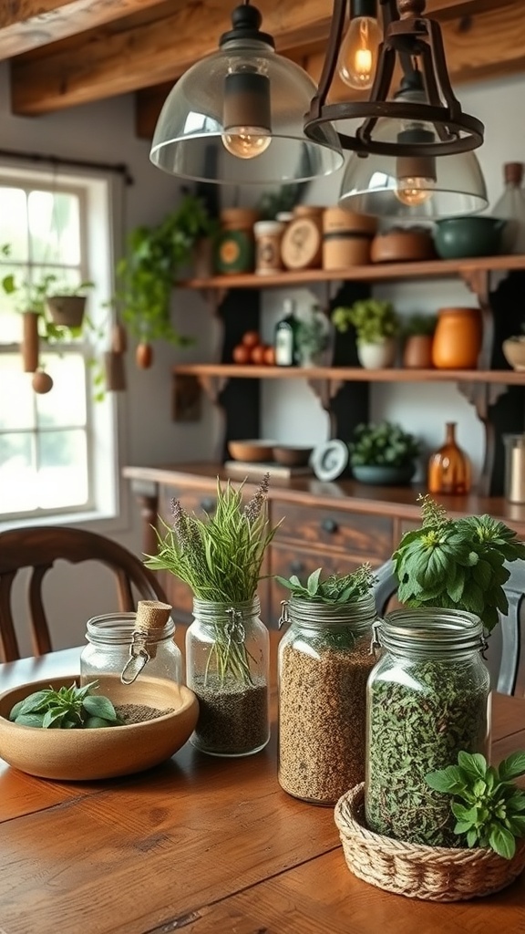 A rustic dining room with jars of herbs and spices on a wooden table.