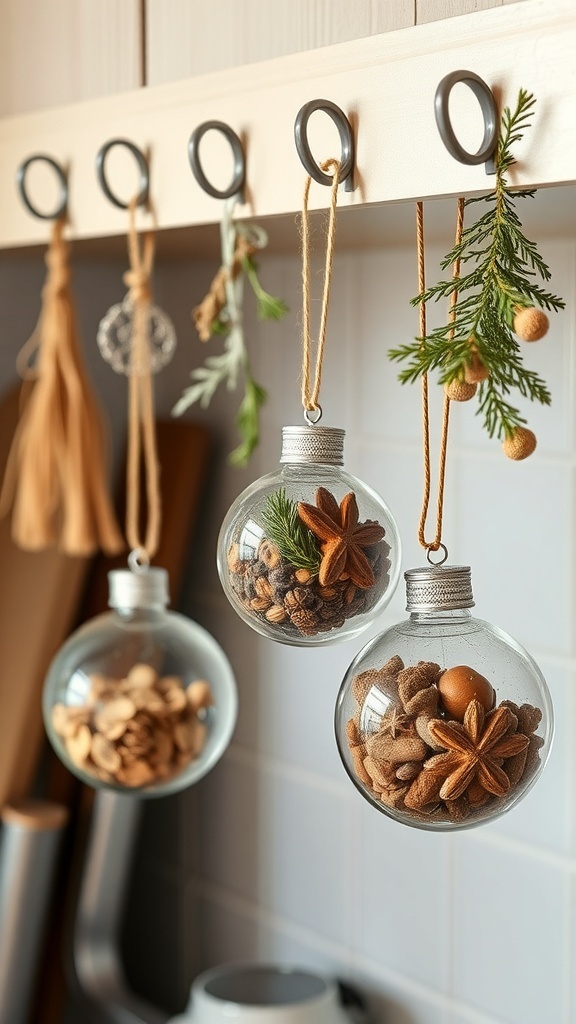 Hanging glass ornaments filled with herbs and spices in a kitchen setting.