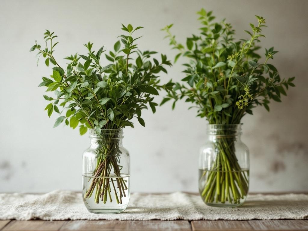 Two glass jars filled with fresh herb bundles on a wooden table.