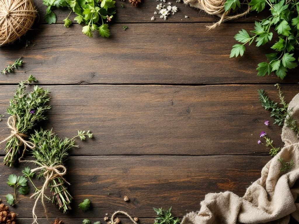 A rustic arrangement of herb bundles on a wooden table with twine and greenery.
