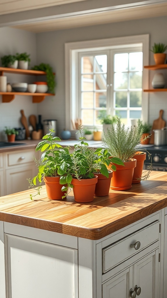 A kitchen island with small pots of herbs like basil, rosemary, and mint.