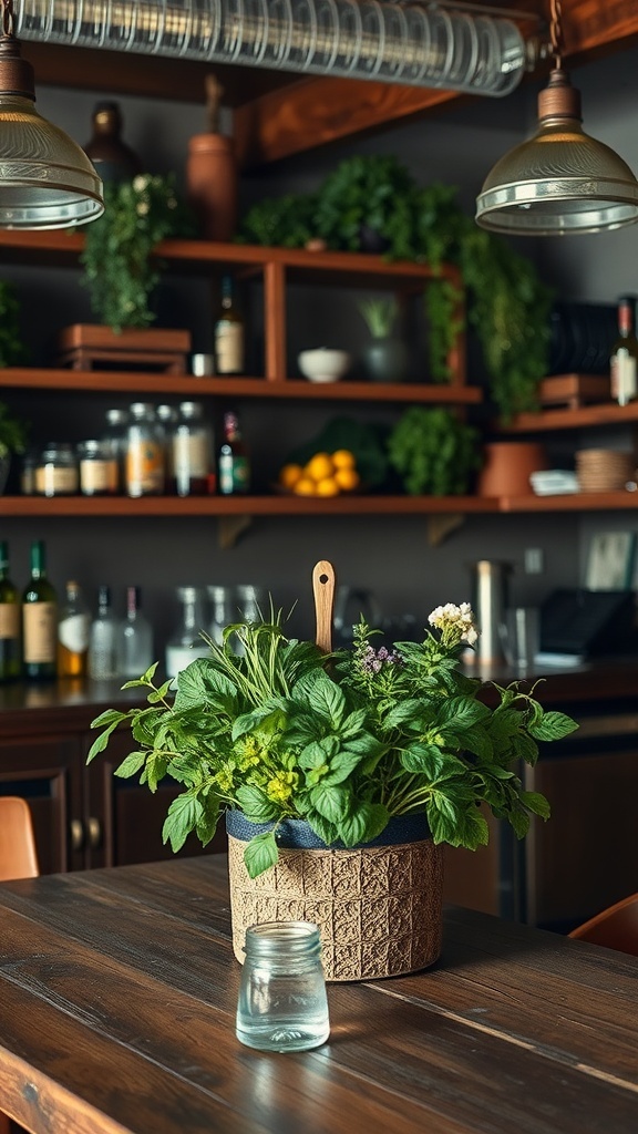 A rustic bar with a centerpiece of fresh herbs in a woven basket.