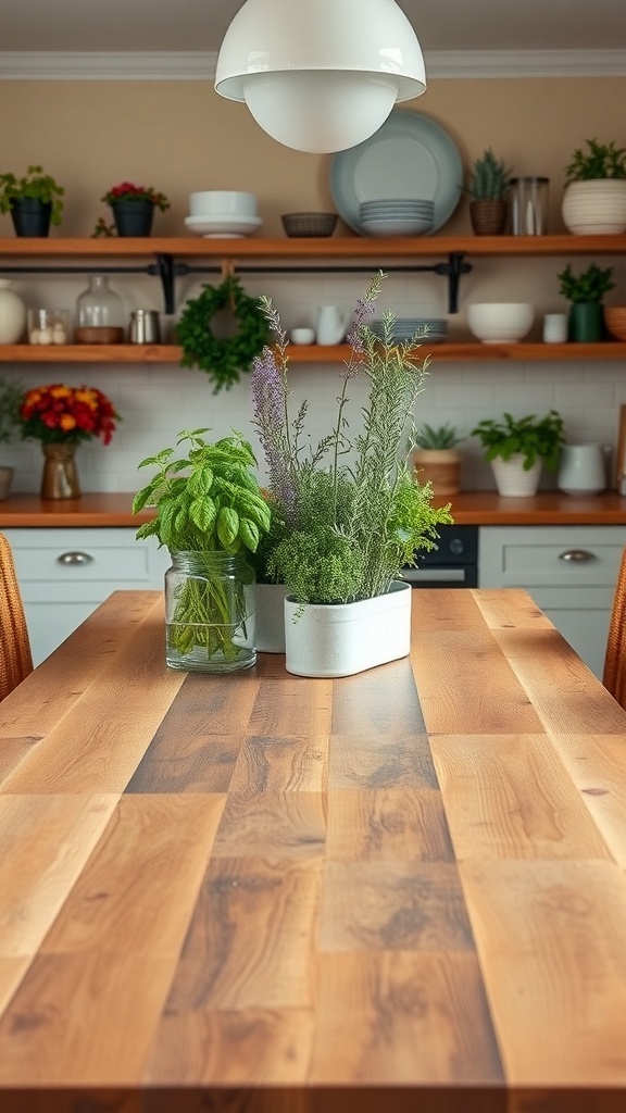 A wooden kitchen table with herb plants in pots, showcasing a cozy farmhouse style.