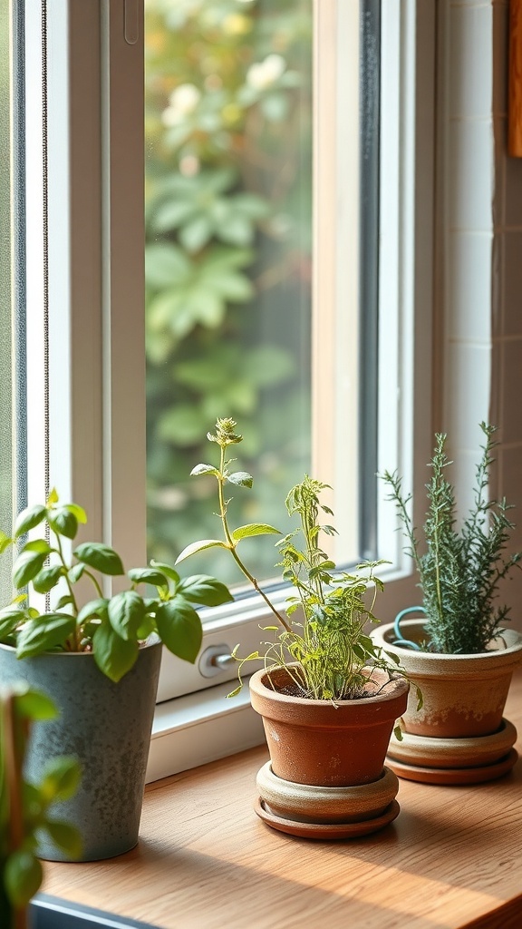 A cozy kitchen windowsill with potted herbs including basil and rosemary, perfect for fall cooking.