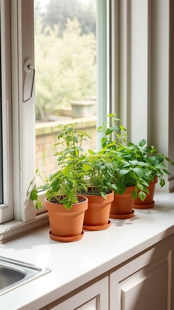 A small herb garden with pots of fresh herbs on a kitchen windowsill.