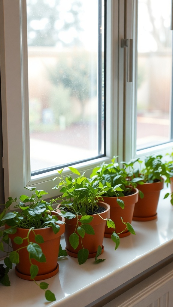 A row of small potted herbs on a kitchen windowsill.