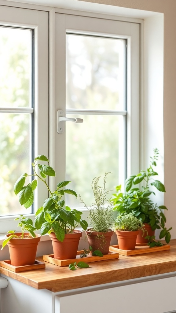 A collection of potted herbs on a windowsill, including basil, rosemary, and thyme.