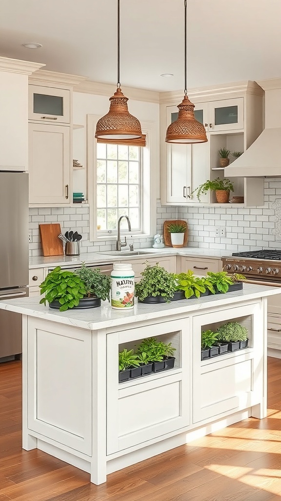 A rustic farmhouse kitchen island featuring an integrated herb garden with various herbs in planters.