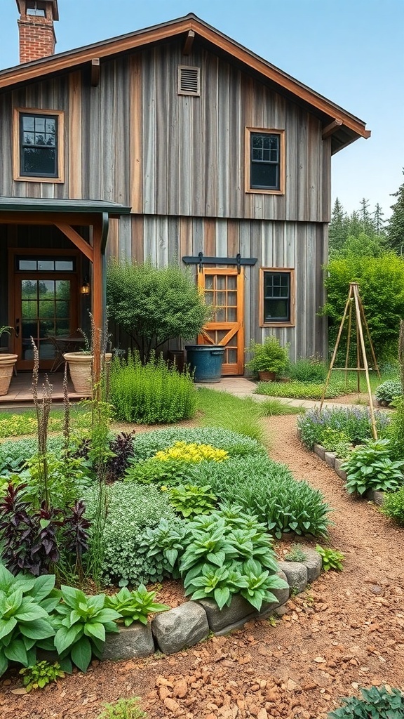 A rustic modern farmhouse with a lush herb garden in front.