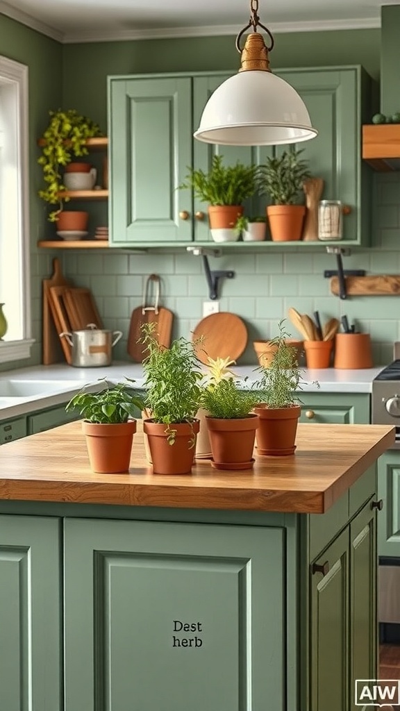 A green farmhouse kitchen with a counter herb garden featuring small pots of herbs.