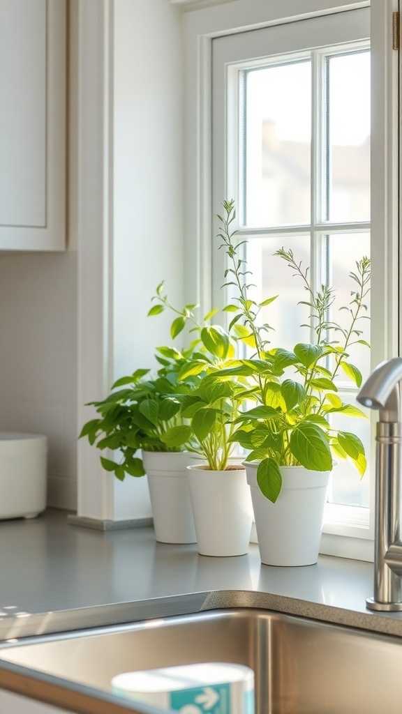 Herb garden on a kitchen windowsill with green plants in white pots.