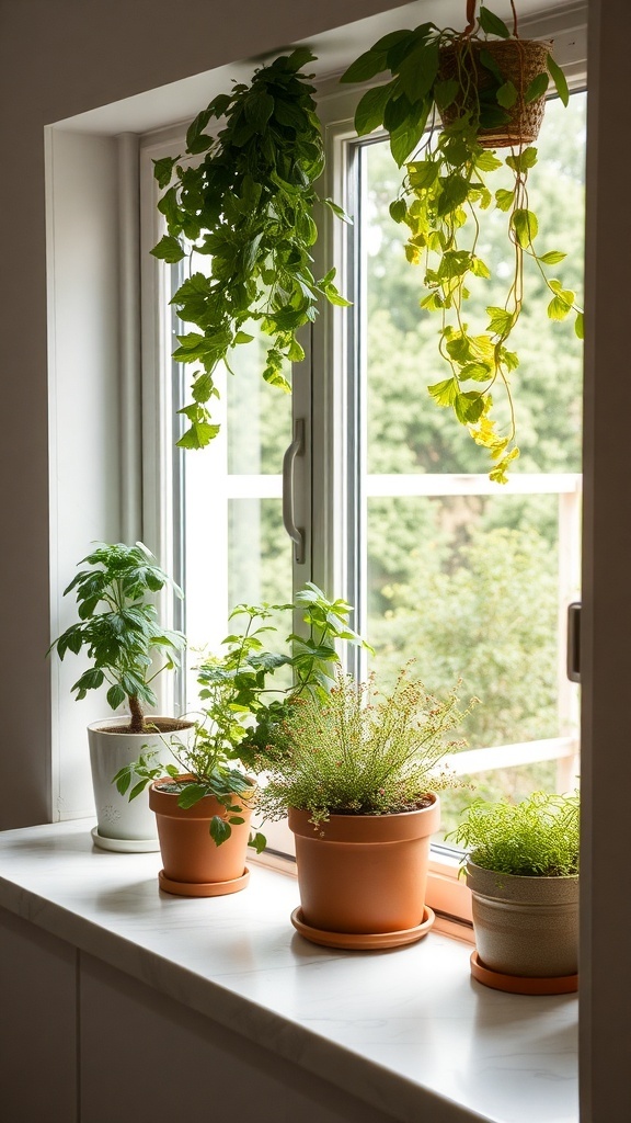 A kitchen windowsill with various potted herbs, including mint and basil, basking in natural light.