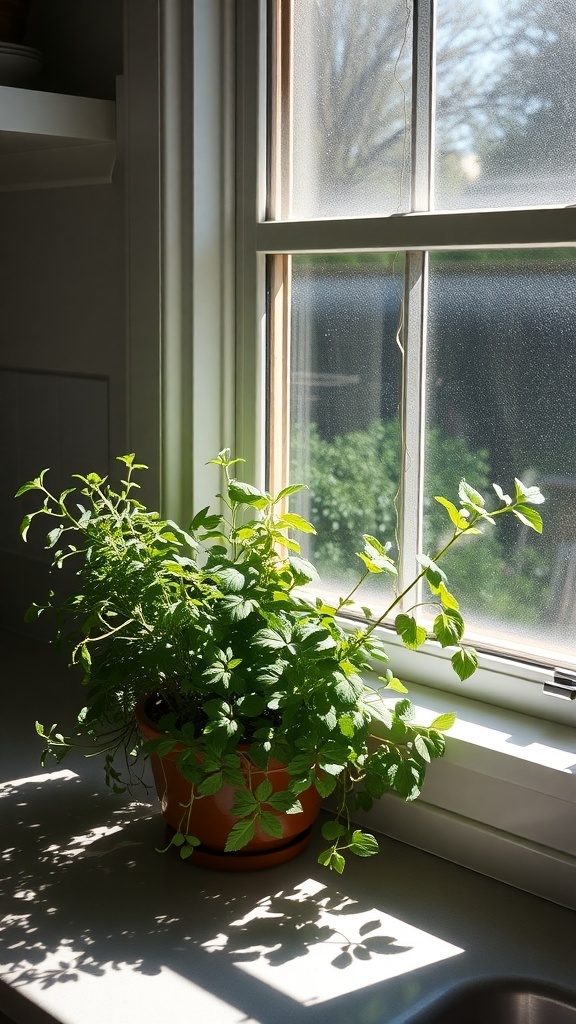A lush herb garden in a pot on a kitchen windowsill, with sunlight streaming in.