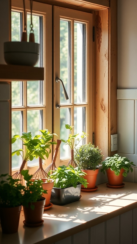 A bright kitchen windowsill with various potted herbs, including basil and parsley, basking in sunlight.