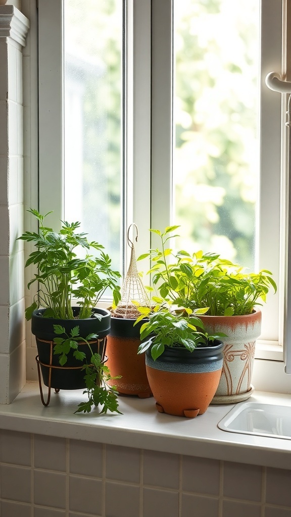 A collection of potted herbs on a kitchen windowsill, including basil and parsley.