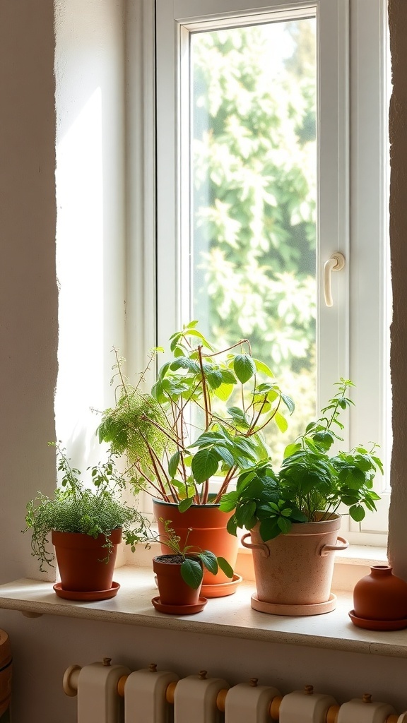 A sunny windowsill with various potted herbs, including basil and thyme.
