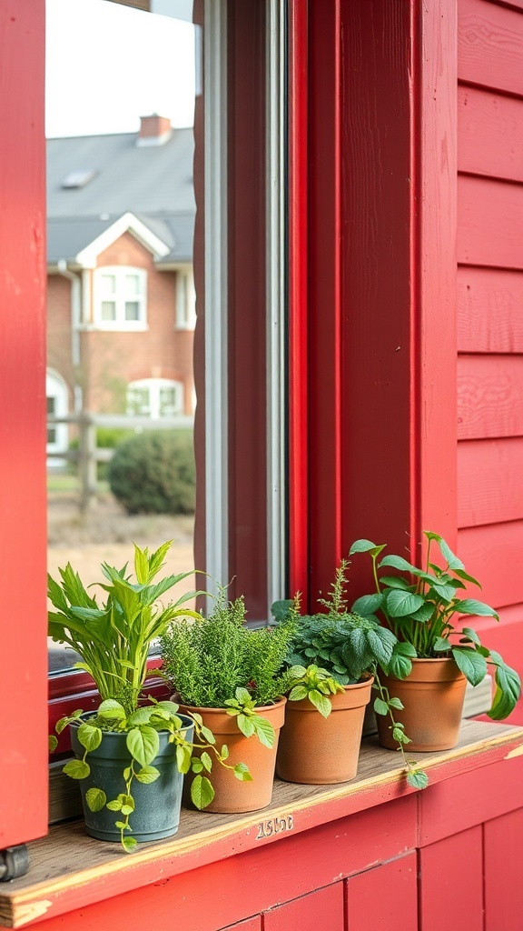 Herb plants in pots on a windowsill in a red farmhouse kitchen