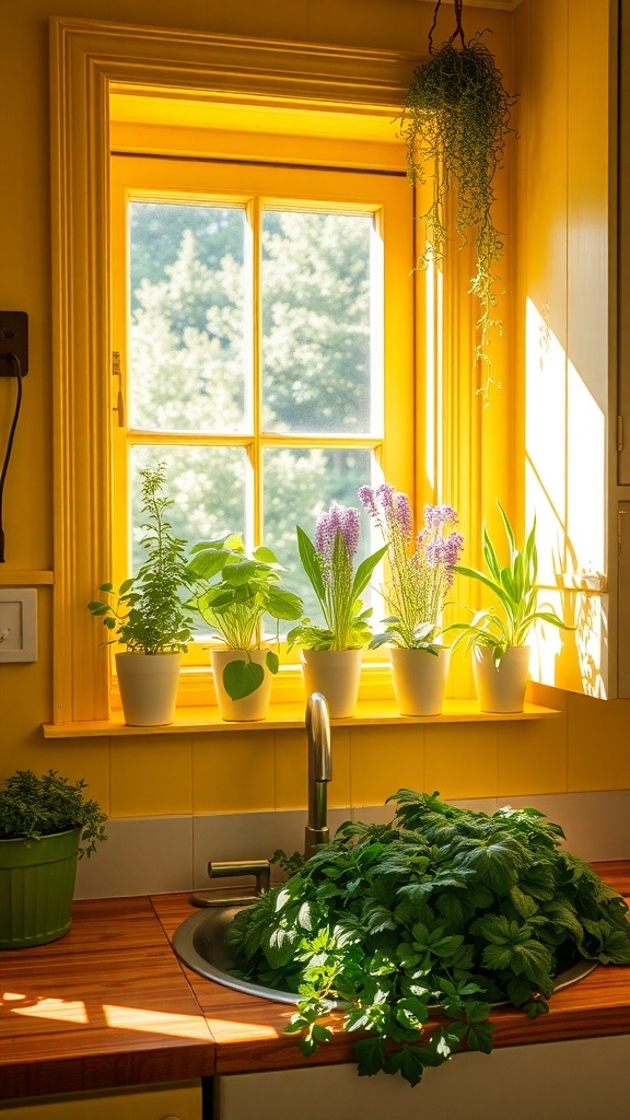A sunny yellow farmhouse kitchen with a windowsill herb garden featuring various potted herbs.