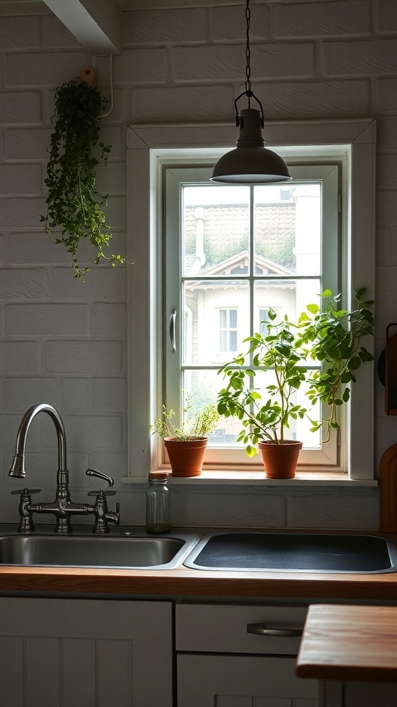 A cozy industrial farmhouse kitchen with a windowsill herb garden featuring potted plants.