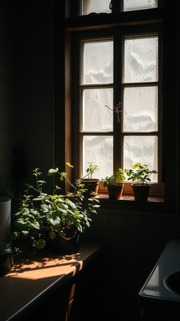 Herb garden on the windowsill in a dark rustic kitchen.