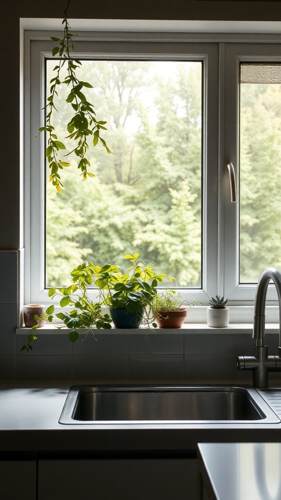 A modern kitchen windowsill with various potted herbs and plants.