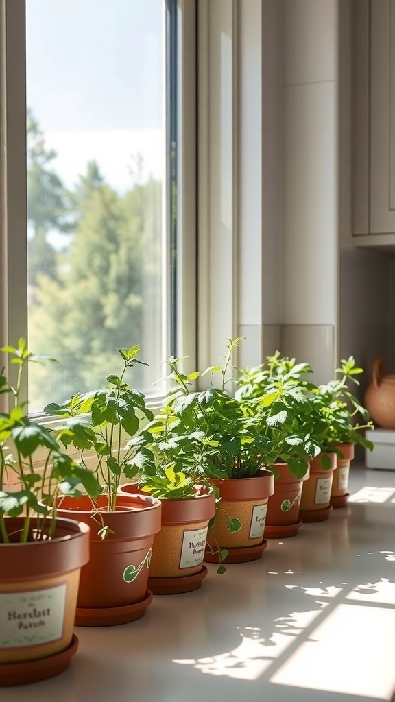 A row of potted herbs on a kitchen windowsill, basking in sunlight.