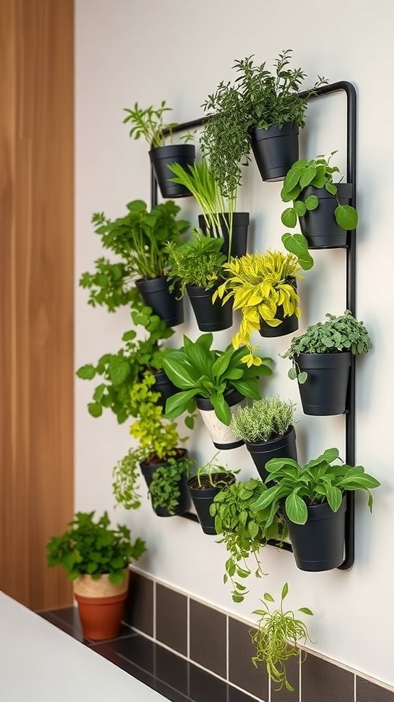 A wall-mounted planter with various herbs in black pots, adding greenery to a kitchen.