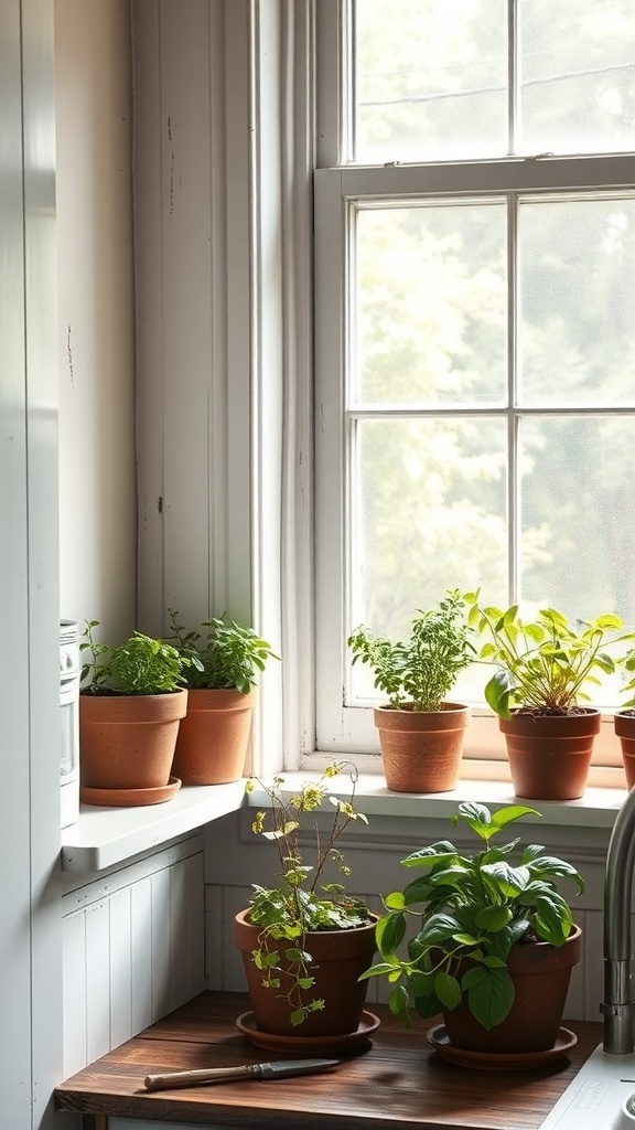 A cozy window sill filled with potted herbs in a vintage farmhouse kitchen.