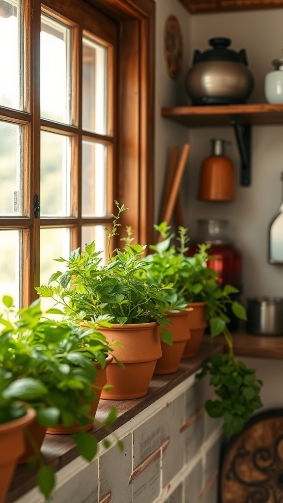 A sunny windowsill with potted herbs in a rustic kitchen.