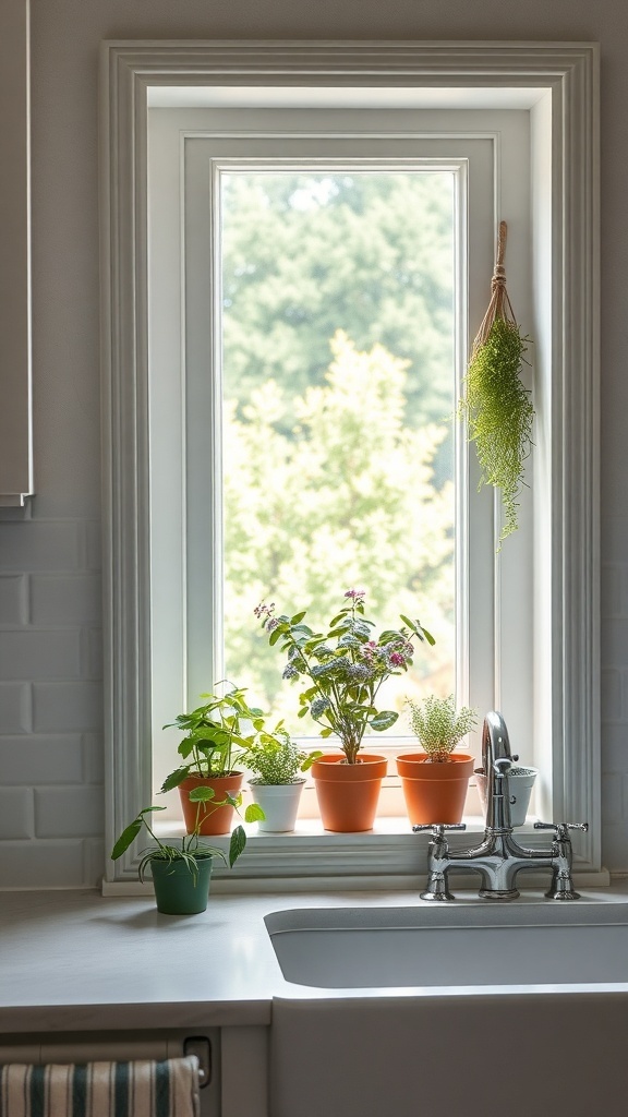 A bright kitchen windowsill with potted herbs and a view outside.