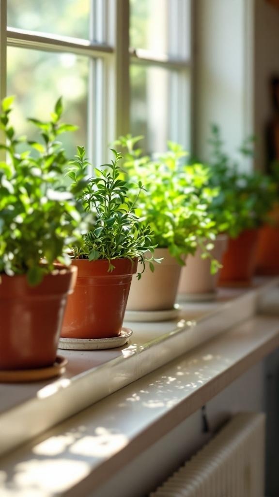 A row of potted herbs on a windowsill, showcasing green plants in terracotta pots.