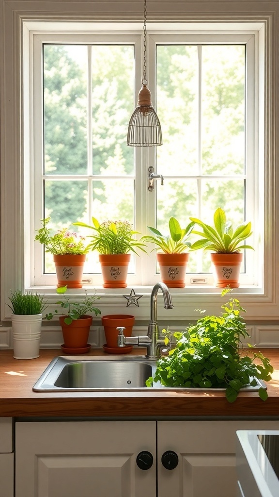 A bright kitchen windowsill with potted herbs and a sink.