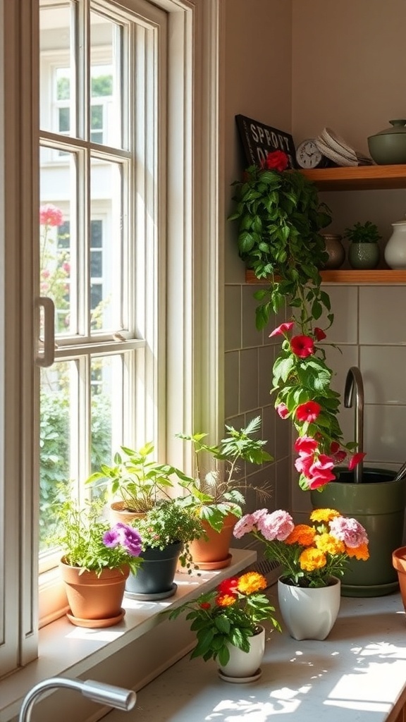 A sunny windowsill with various potted herbs and colorful flowers in a farmhouse kitchen.