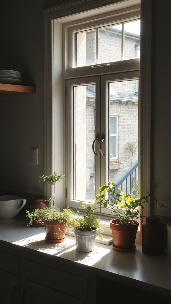 A bright kitchen windowsill with potted herbs basking in sunlight.