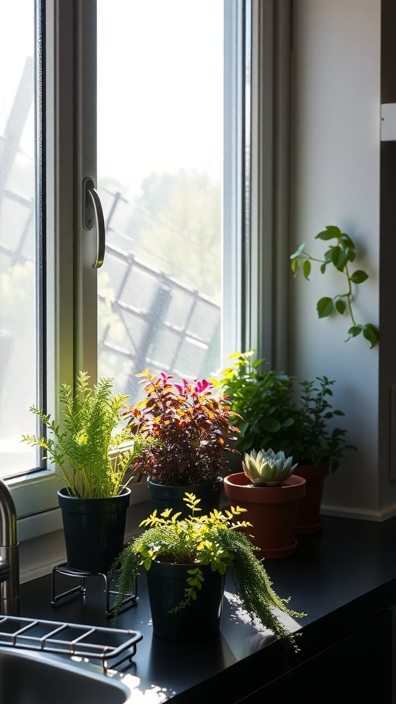 A bright kitchen windowsill with various potted herbs and plants.