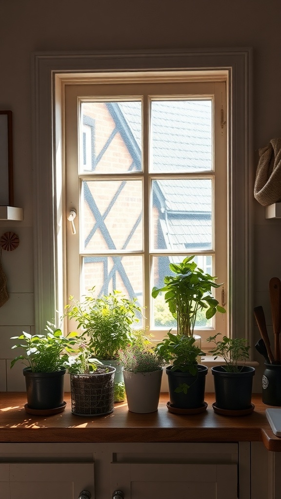 Windowsill with various potted herbs in a rustic kitchen setting.