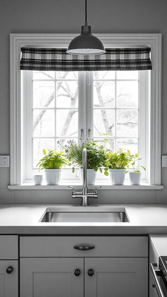 A black and white farmhouse kitchen with a windowsill herb garden.