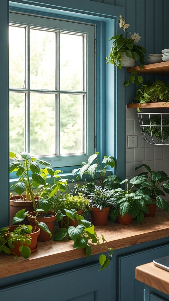 A bright blue farmhouse kitchen windowsill filled with various potted herbs and plants.